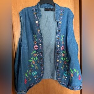Vintage New Direction Embroidered Denim Vest with Floral Accents 5X